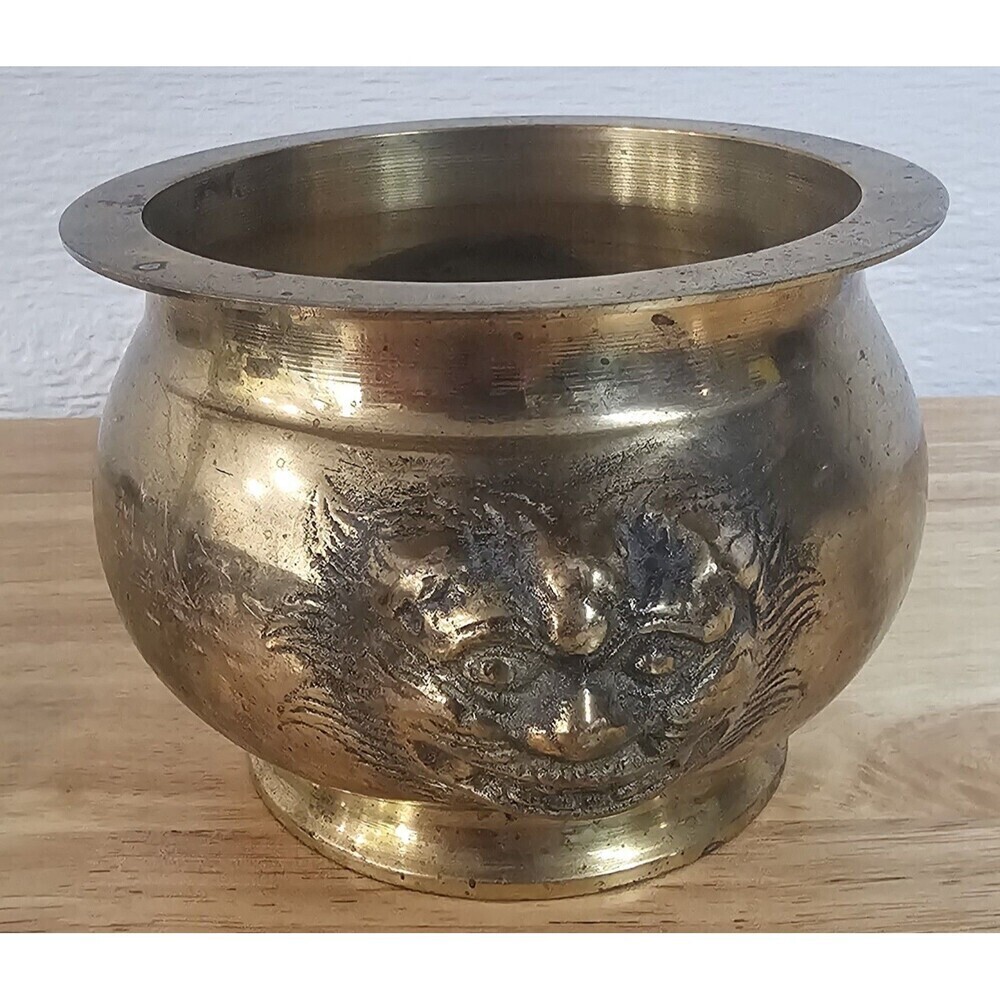 Vtg Solid Brass Foo Dog Lion Head Asian Cauldron Censer Incense Planter Heavy